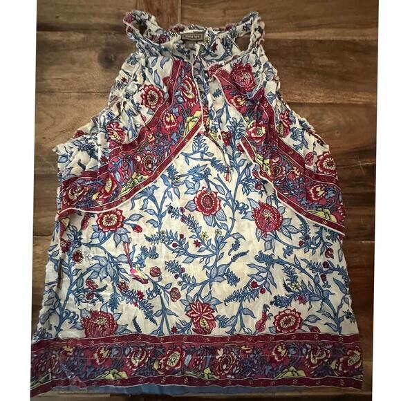 Point Sur Women's Red Blue Floral Print Ruffle Block Print Blouse Top Size 12 - Picture 2 of 15